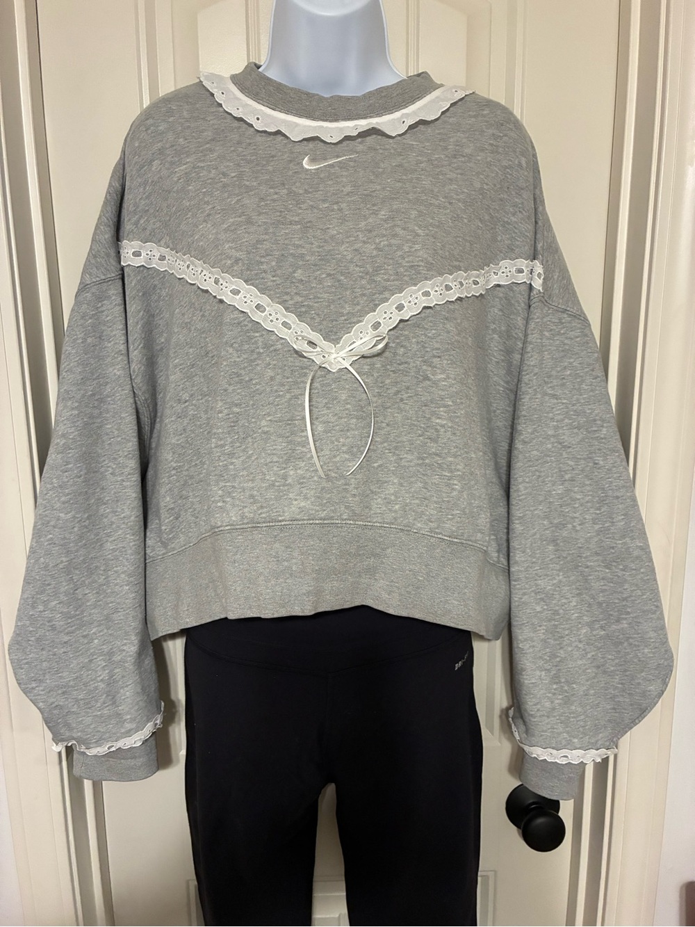 Nike Gray Cropped Sweatshirt with White Lace Trim